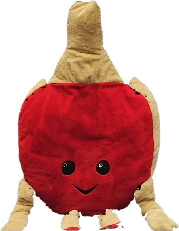 Yumi, the SpinCity mascot: a red plush table tennis racket with a face, arms and legs